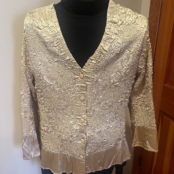 Gold Crinkle Satin Embellished Peplum Jacket - Picture 1 of 8